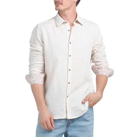 ROBERT GRAHAM Sand Linen Blend Long Sleeve Solid Shirt